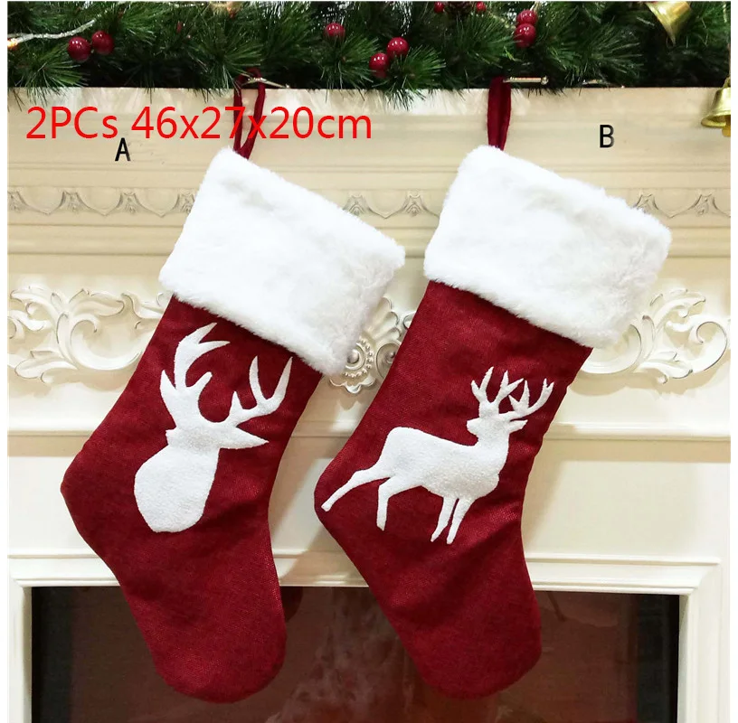 2PCs 46x27x20cm Рождественские носки с подвеской, ткань, Рождественская елка, лось, снежинка, орнамент, Рождественские узоры, вечерние украшения для дома, подарочный пакет - Цвет: 2PCs 46x27x20cm