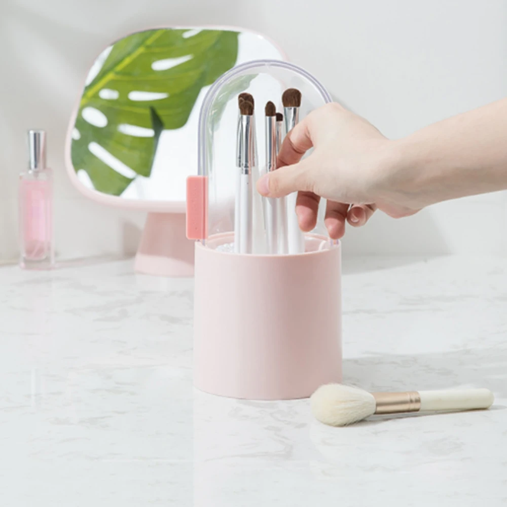 

180 Degree Rotate Makeup Brush Holder with Pearl Dustproof Makeup Organizer Waterproof Cosmetic Brush Storage Bucket