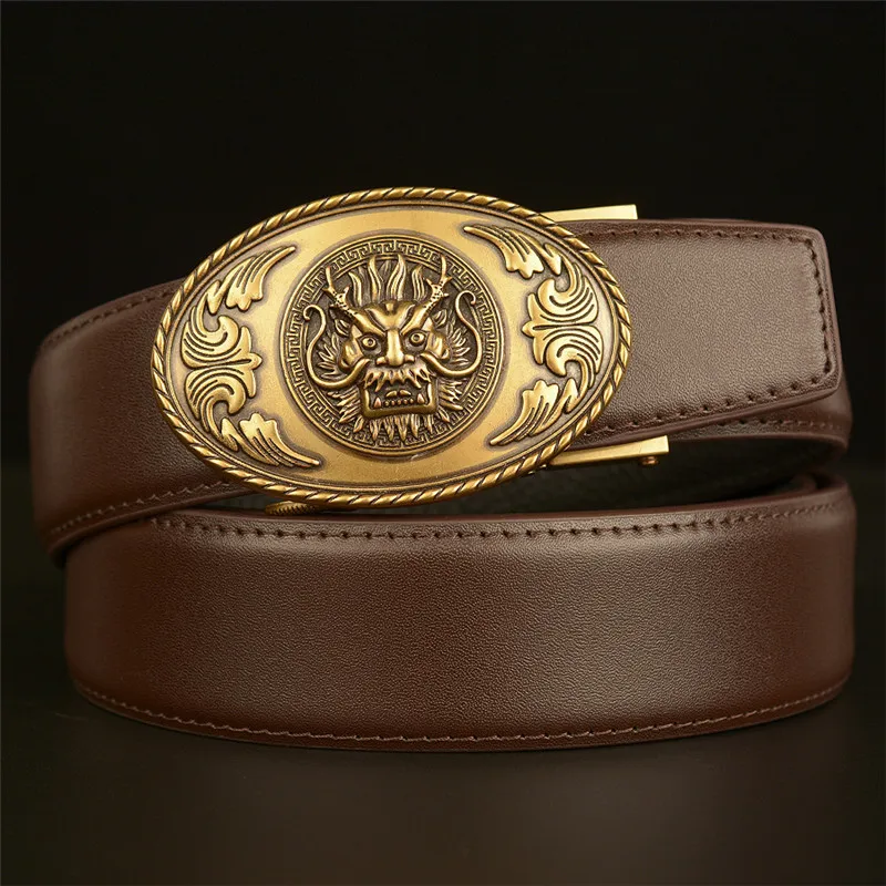 

Mens Belts Genuine Leather Top Layer Cowhide Dragon Alloy Automatic Buckle Matte Surface Pattern Casual Belt Strap Belt For Male