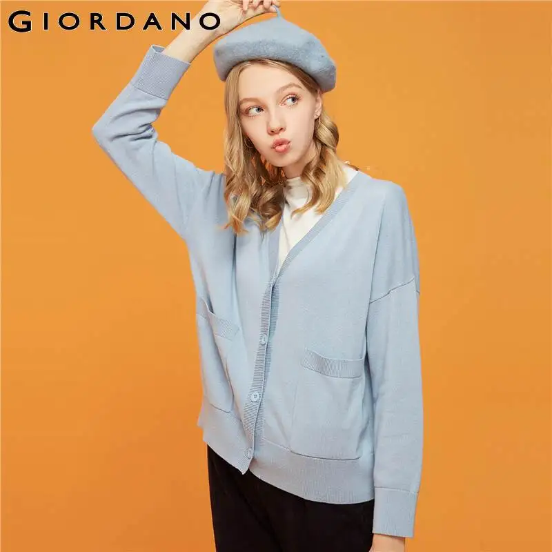 Giordano женский кардиган с v образным вырезом на пуговицах, из натурального хлопка