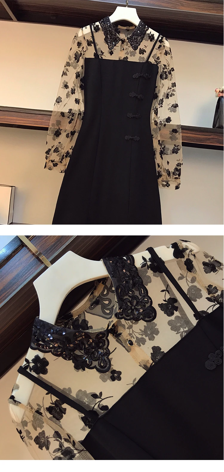 

Plus Size Women Flower embroidery Mesh Long Sleeve Cheongsam Dress Autumn Sequinem Embroidery Patchwork A-Line Ladies Dresses
