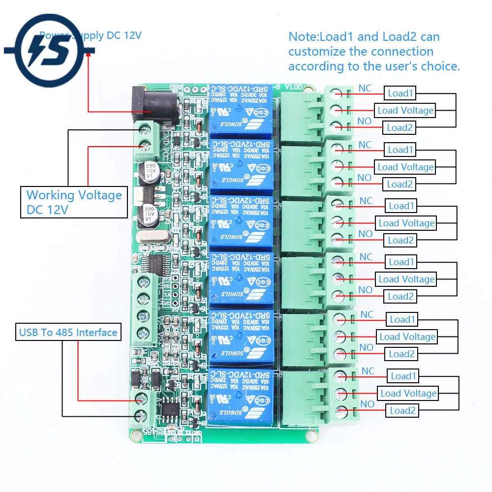 RS485 Modbus RTU 12В 6 битный релейный модуль канальный коммутатор контроллер для