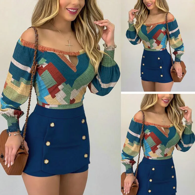 

New 2020 Autumn Fashion Sexy Off Shoulder Hollow Out Printed Lantern Sleeve Women Blouse Sexy Women Crop Tops Long Sleeve Shirt