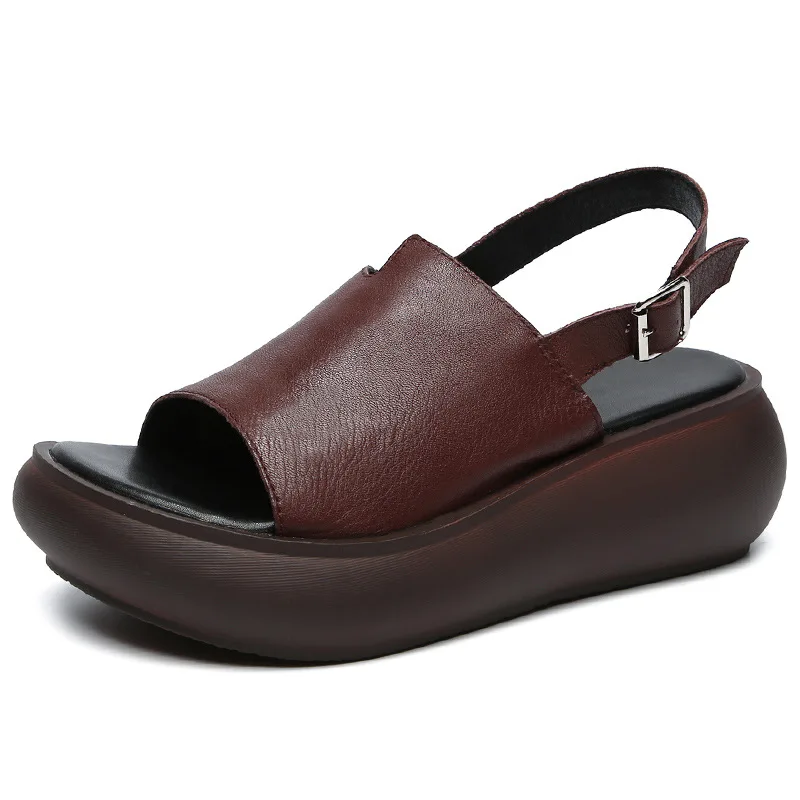 

2020 new thick soled leather versatile sandals women's Handmade women's shoes casual slope heel barefoot leather women's shoes