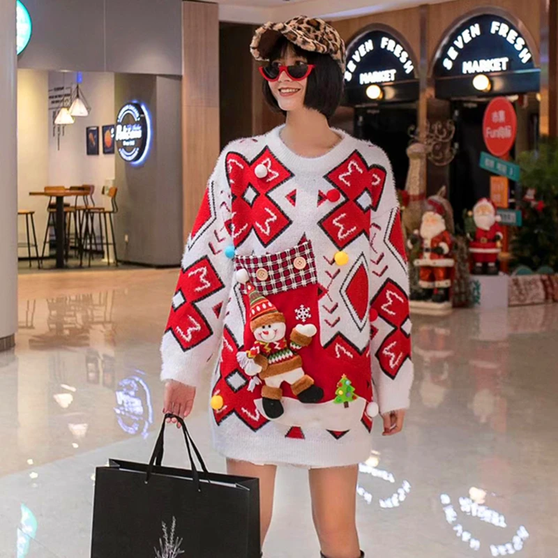 

ugly sweater christmas2020 autumn and winter thick soft waxy sweater female big pocket patch heavy industry loose sweater