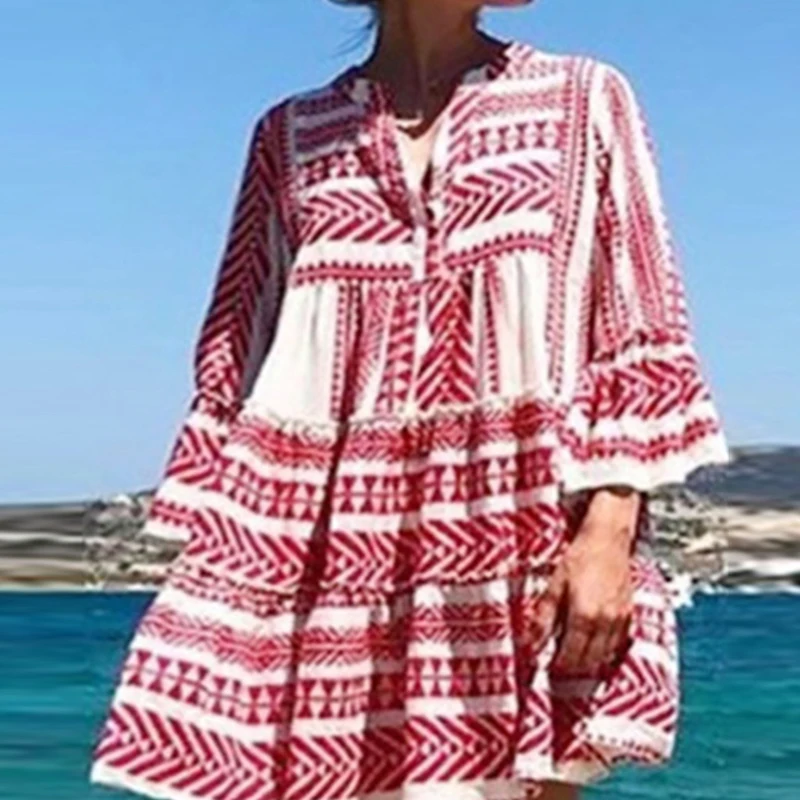 Lipswag 2XL женское платье с принтом и оборками, лето, модное пляжное платье в стиле бохо, повседневное свободное осеннее платье, элегантное женское платье с геометрическим рисунком, сарафан