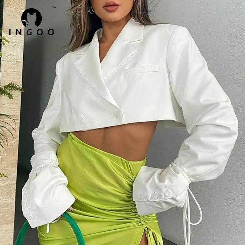 

INGOO Модный укороченный Блейзер на пуговицах с отворотом, сексуальная Офисная Женская короткая куртка с длинным рукавом, пальто для женщин, ...