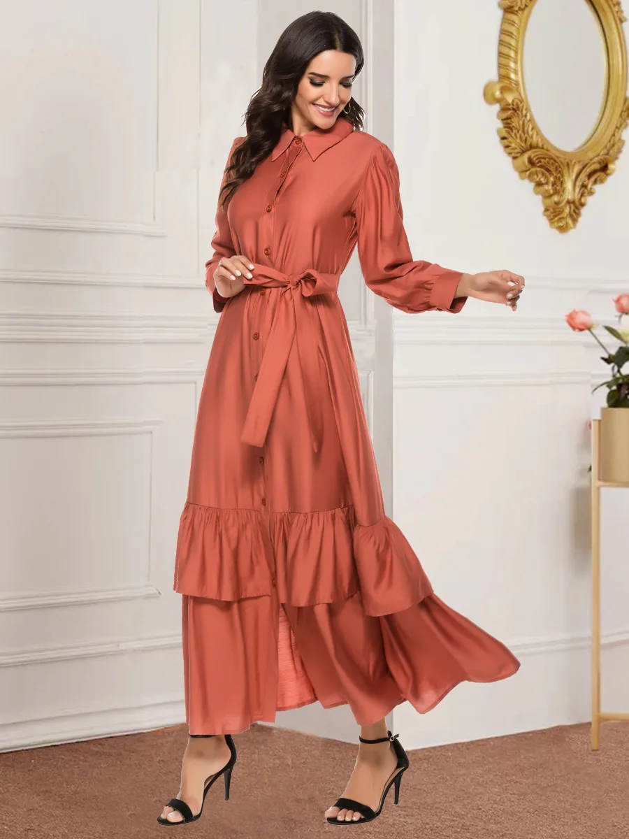 

Fashionable Ladies Lapel Belt Stitching Big Swing Cardigan Dress Autumn Long-sleeved Button Elegant Shirt Vestidos Women's