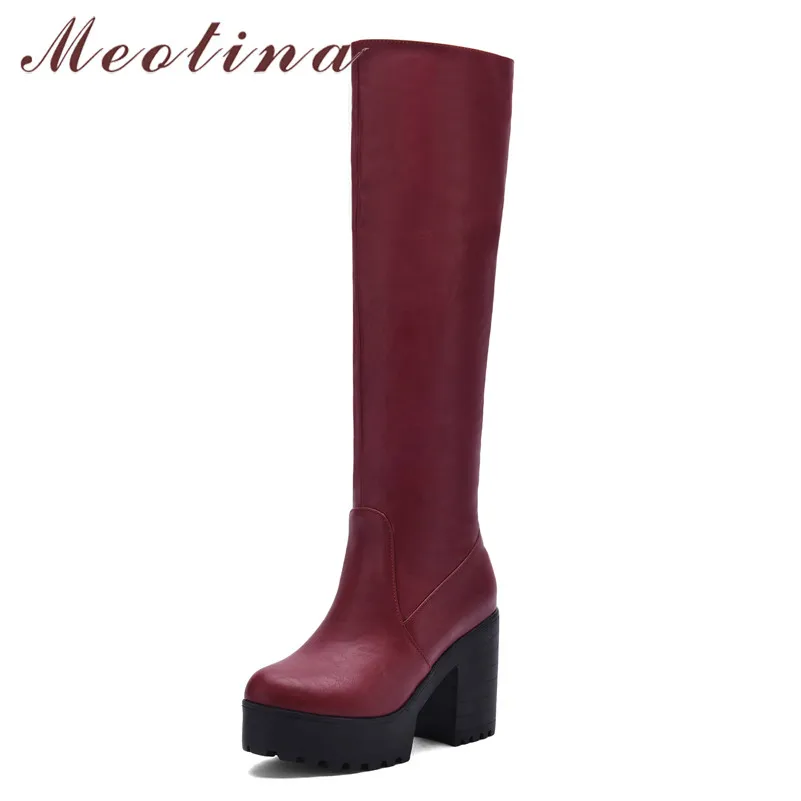 

Meotina Knee-High Boots Women Shoes Platform Extreme High Heel Long Boots Zipper Thick Heels Female Boots Apricot Winter Size 43