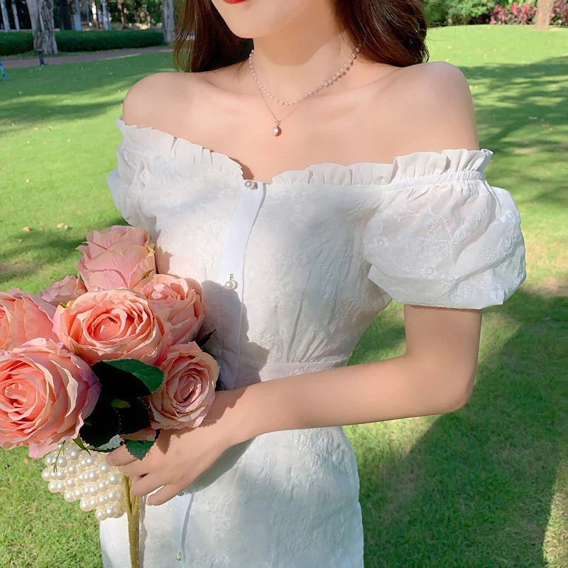 

Korean 2021 Summer White Elegant Midi Dress Women Short Sleeve Vingate Floral Dress Female Evening Party Basic One Piece Dress