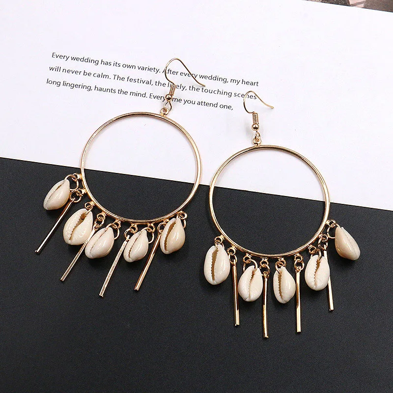 

Unique Round Golden Handmade Shell Bohemia Party 1Pair Bride Drop Earring Women Big Circle Exquesite Wedding Silver High Quality
