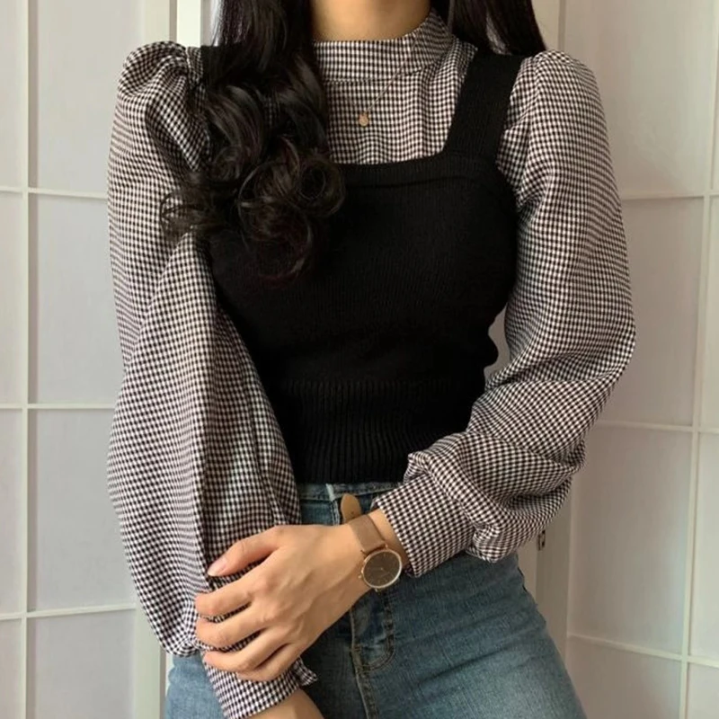 

Женские костюмы, элегантный пуловер с длинным рукавом-фонариком и воротником-хомутом + приталенный трикотажный короткий жилет, 2020