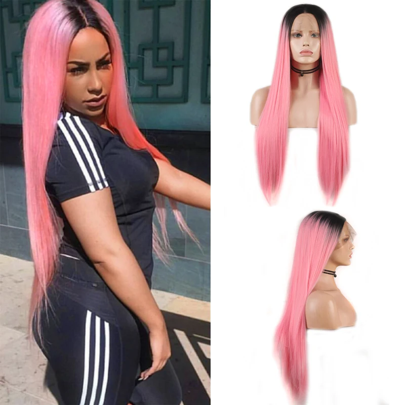 

Charisma Long Silky Straight Hair Ombre Pink Wig Synthetic Lace Front Wig Middle Part Black Roots Cosplay Wigs