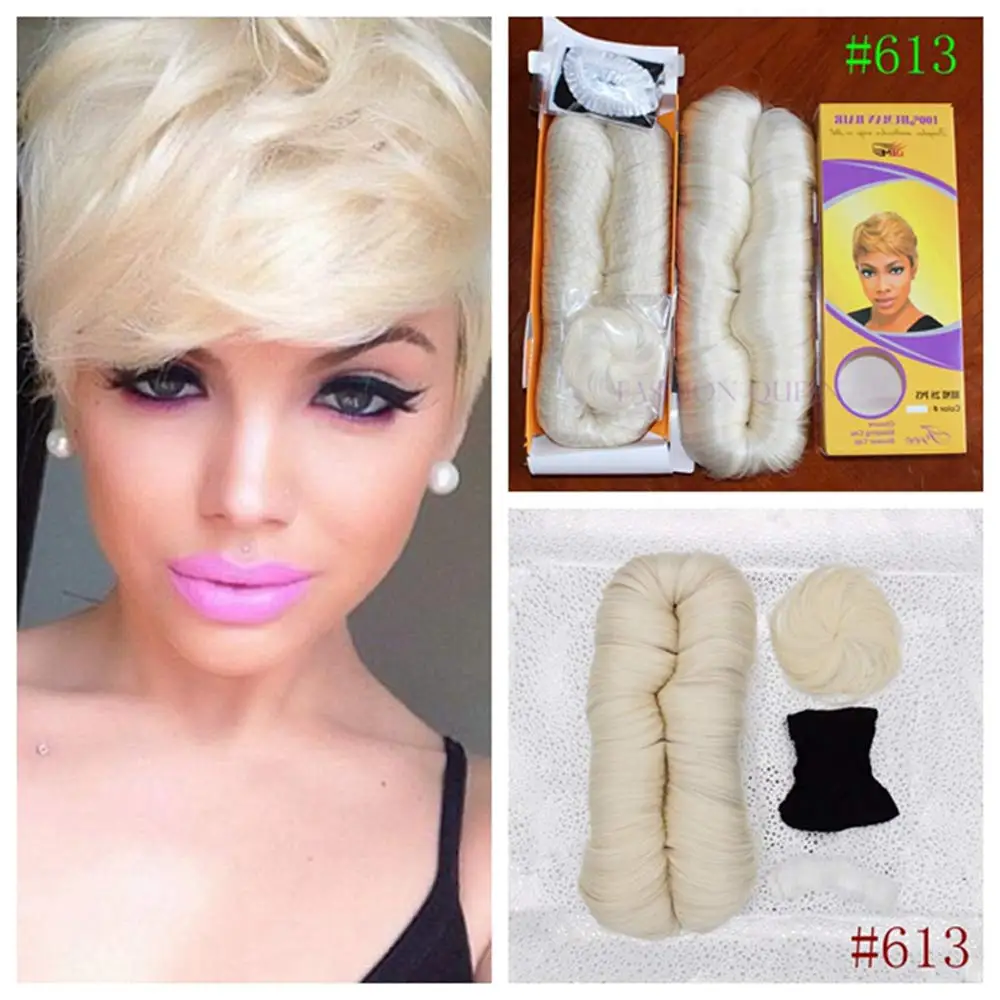 Single Weft Natural Hair Blonde Short Pixie human hair Wig 27 Pieces Weaving Bump Hair Straight Weave with 613 Color Hair Pieces