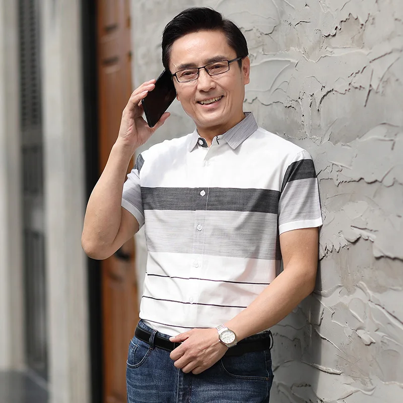 

Short sleeve shirt men's summer new business casual dad's Striped Cotton Lapel middle aged and old men's shirt