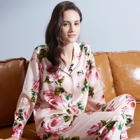 100 real silk pajamas for women print flower sleepwear full sleeves pijamas luxury nightwear silk pyjama black nighties femme