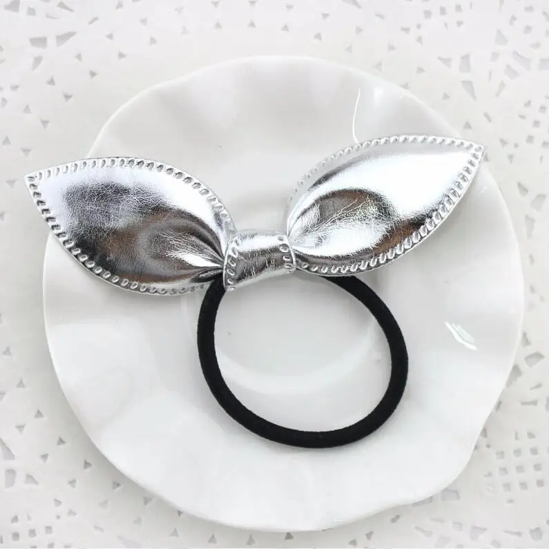 Бантик ушки из искусственной кожи 1 шт. золотистые/Серебристые резинки для волос