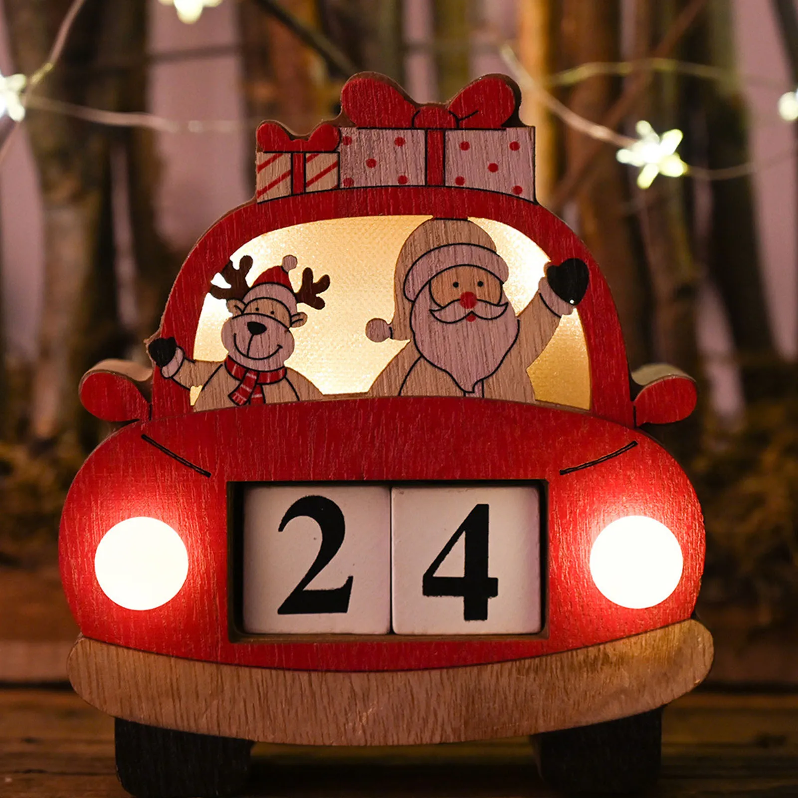 

dophee 1pc Christmas Advent Calendars Toy Cartoon Car Santa Elk Wood Desk Led Light Countdown Decor Festival Home Decoration