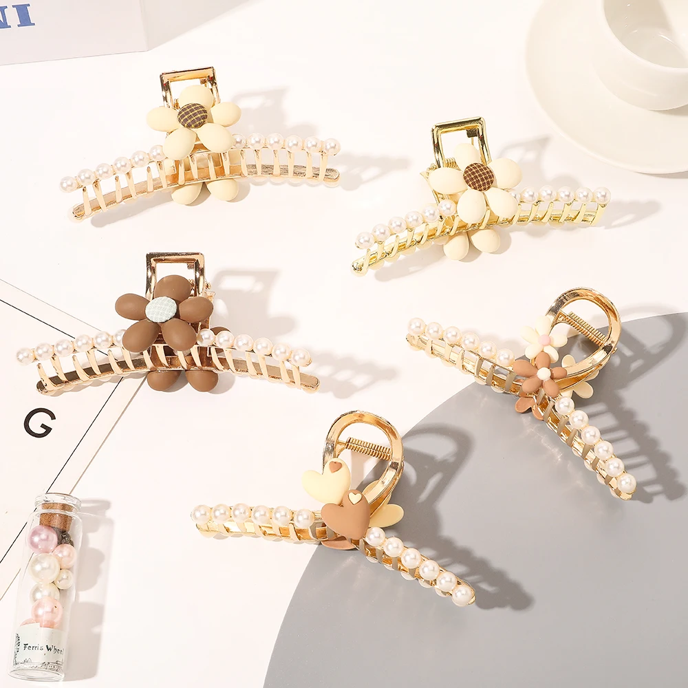 

New Luxury Pearl Hairpin Woman Metal Flower Hair Catch Clip Large Hair Clip Female Hair Accessorie For Woman Girls