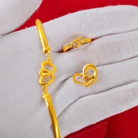 hoyon genuine 24k gold color fashion gold double heart bracelet ladies jewelry set heart ring love necklace for women wedding