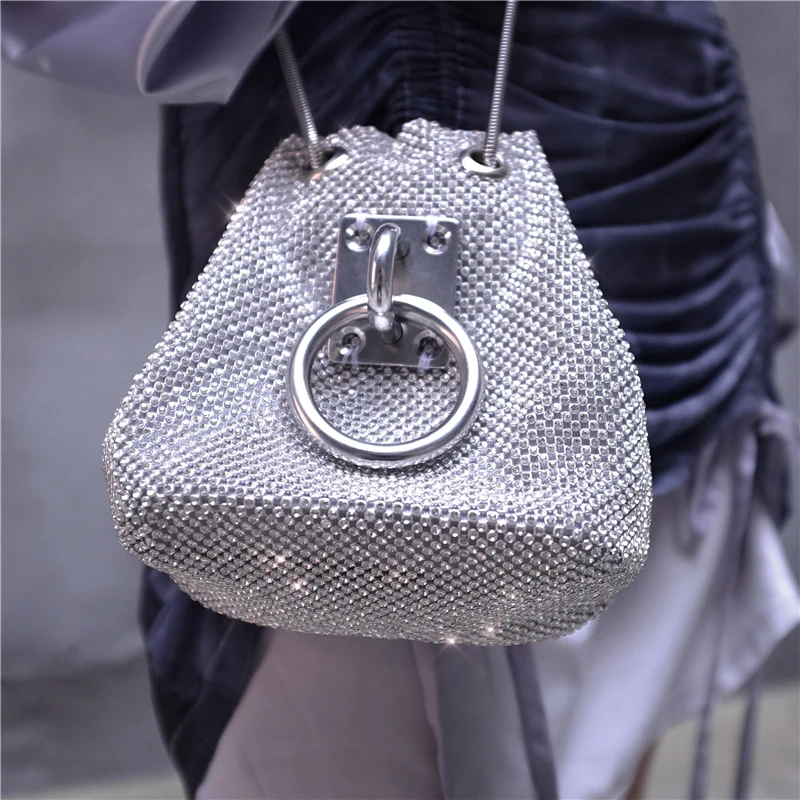 

Stylish Punk Cool Girl Shiny Rhinestone Silver Bucket Crossbody Bag