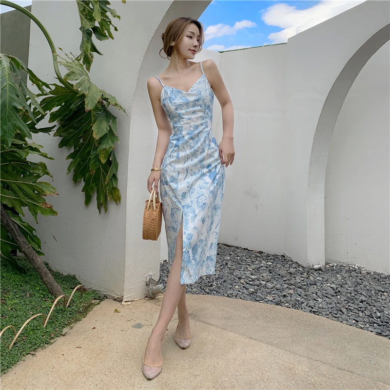 

Women Long Floral Slip Dress Sundress Summer 2022 Runway Elegant Boho Bodycon Korean Fairy Casual Beach Vacation Party Dresses