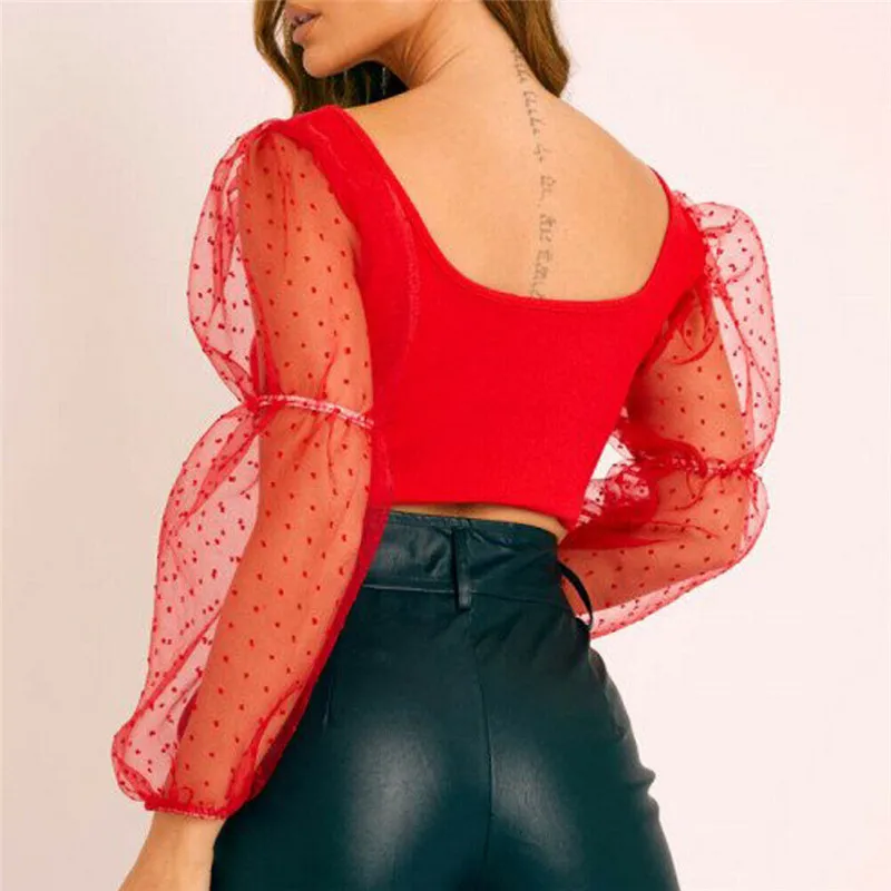 Women off shoulder blouse slim fit crop tops Fashion long sleeve Summer fall pullover top OL Beach Mesh Dots see through Clothes | Женская