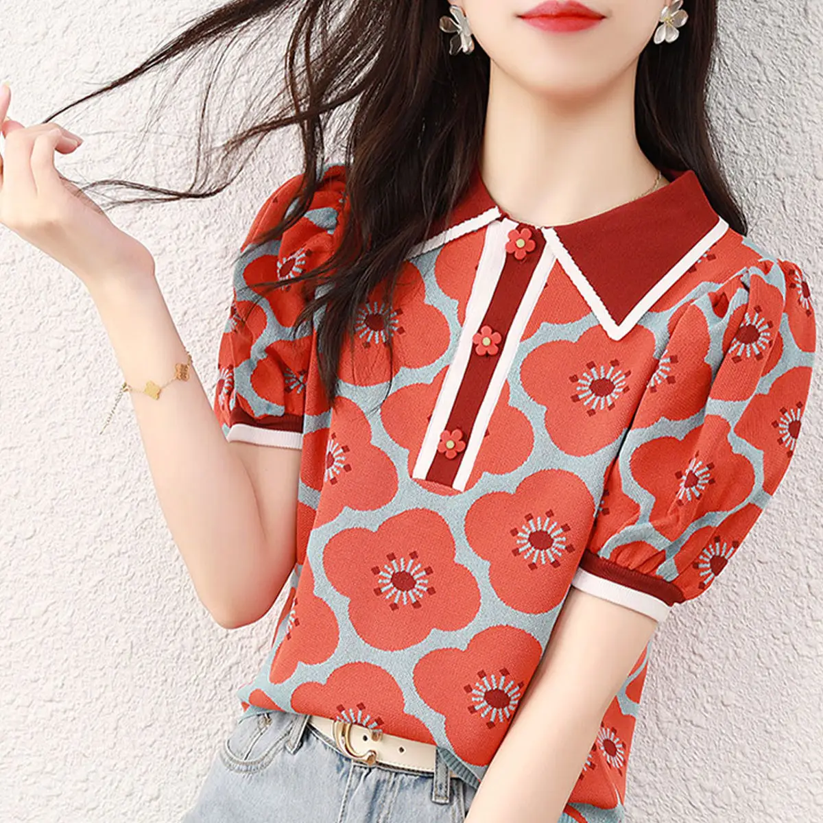 

Ladies Short Sleeve Ice Silk Knit Sweater 2021 Short Slim T-shirt High Waist Hong Kong Style Top Quality Lapel