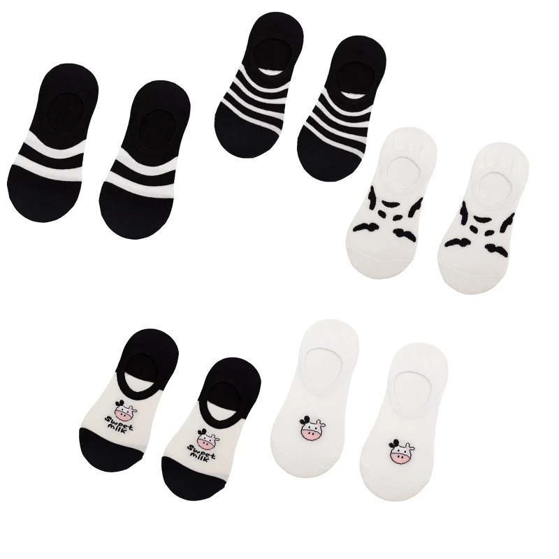 

Women Invisible Low Cut Boat Socks Harajuku Milk Cow Pattern Striped Hosiery T8NB