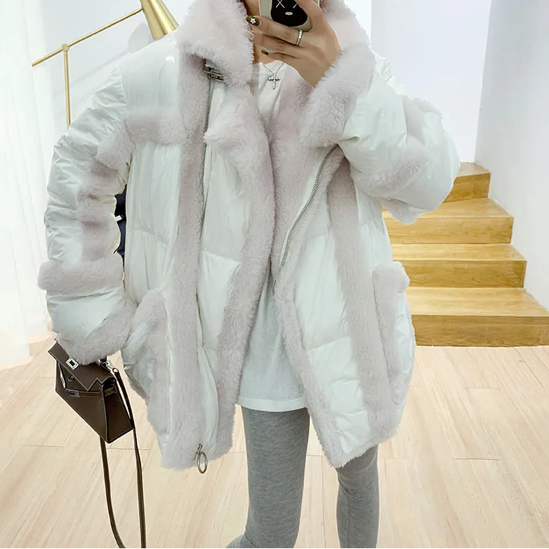 Женский глянцевый пуховик зимняя теплая парка шерстяное пальто из овечьей