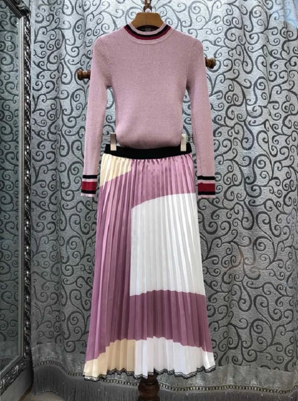 

Two Piece 2020 Autumn Winter Sweater Suit Woman Striped Pattern Knitted Pullovers+Mid-Calf Length Pleated Skirt Set Female