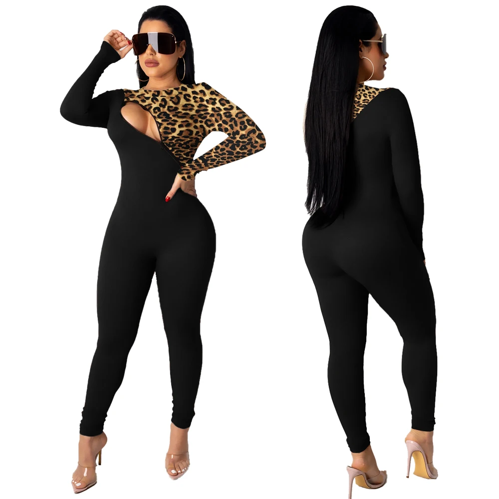 Winter Women Spring Jumpsuits Leopard Patchwork Zipper Full Sleeve Outfits Sexy Rompers Club Night Party Sporty One Piece GL8097 |