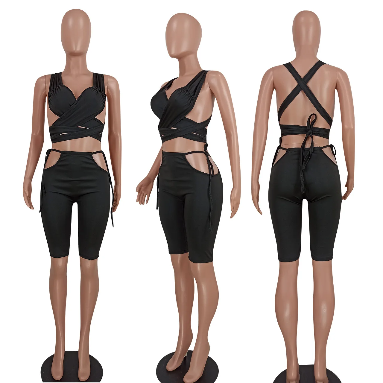 

Women Set Shorts Outfits Sexy Sleeveless Bandage Women Crop Top Solid Color Casual Two-Piece Set Conjunto Feminino Donsignet