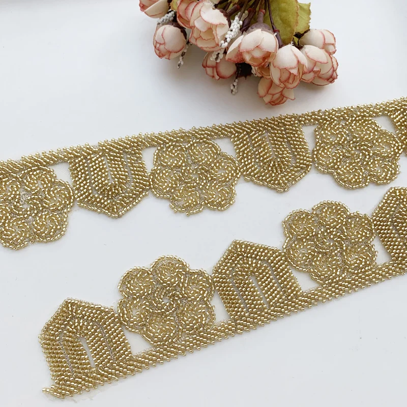 

Heavy beading luxury gold full pearl embroidery lace cheongsam side lace accessories, gold lace trim high quality