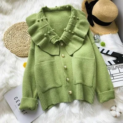 HF1960 Green H.SA Women Winter Oversized Sweater Cardigans Big Collar Ruffles Loose Jumpers Green Beige Cardigans Feminino Button Up - Цвет: HF1960 Green