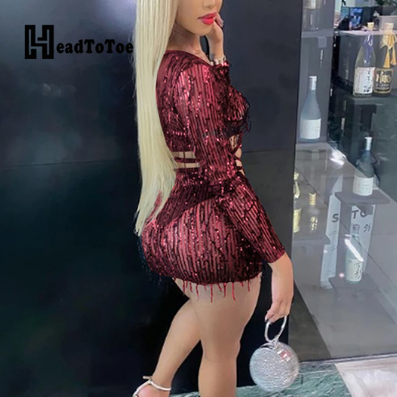 

Solid Criss Cross Navel Perspective Sequins Tassel Sexy Club 2 Piece Set Women Full Sleeve V Neck Two Piece Outfits Woman