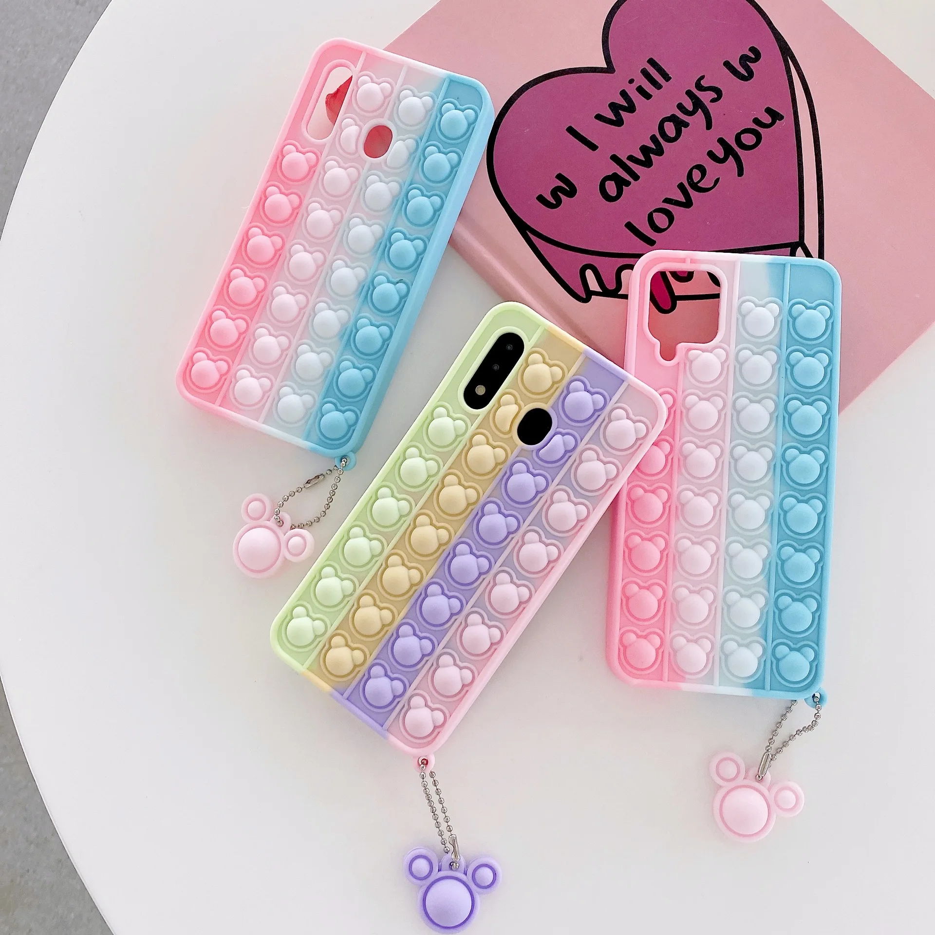 

Cute Cartoon Bear Pendant Phone Case S20FE A12 A10E A20 A30 A50 A32 4G A21S S9 Push Bubble Relieve Stress Silicone Soft Cover