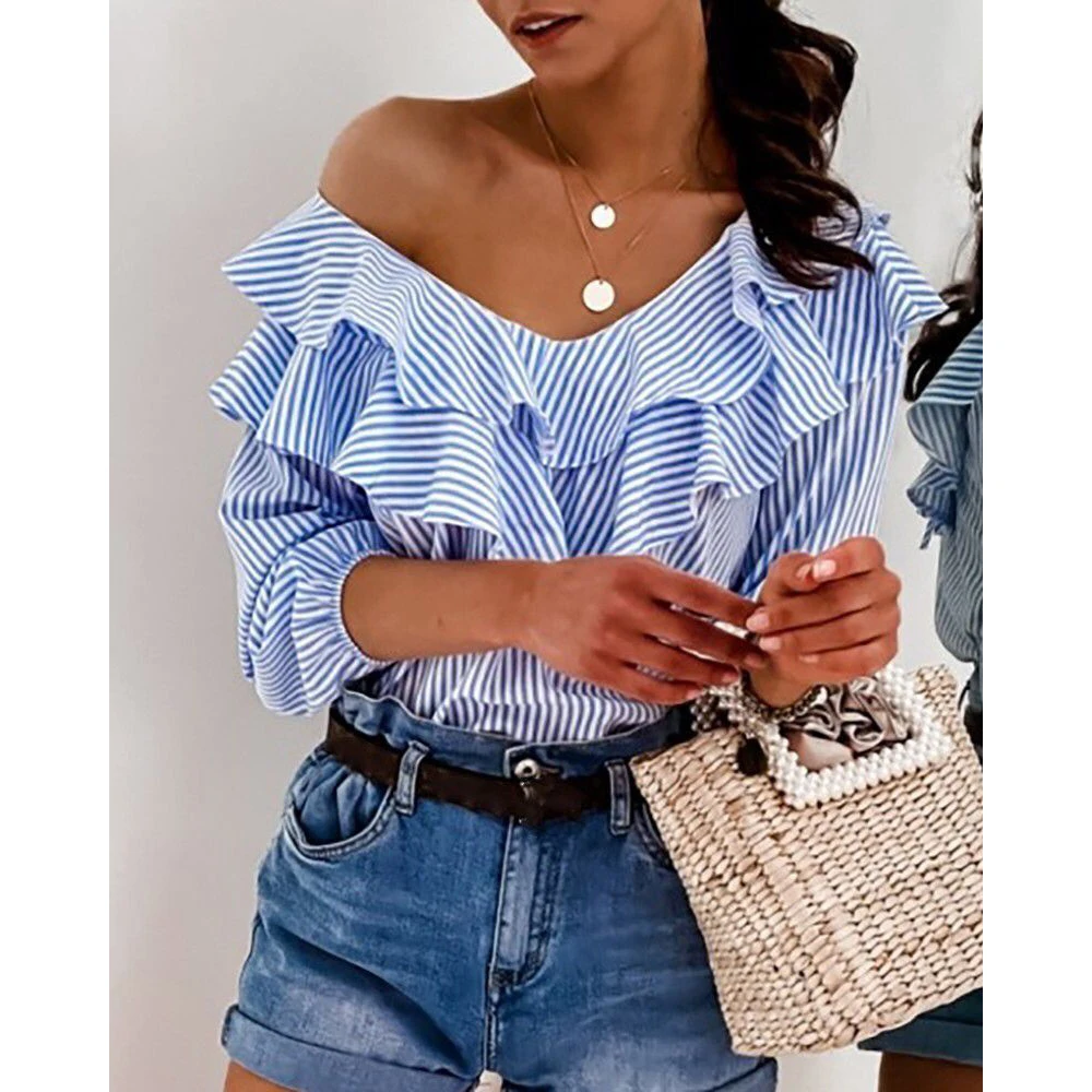 

Women Blue Stripe T-Shirt Casual Harajuku Short Sleeve V-Neck Fashion Top Blouses Elegant Ruffles Streetwear Summer Office Lady