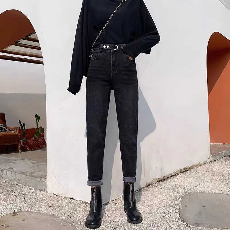 В винтажном стиле Из хлопка с высокой талией джинсы в для женщин бойфренда черный