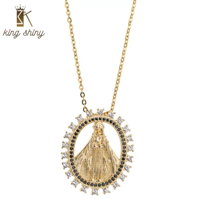 

Medallion Virgin Mary Copper Pendant Necklace for Woman Luxury Hollow Cubic Zirconia Gold Bijoux Crystal Necklace Coin Necklace