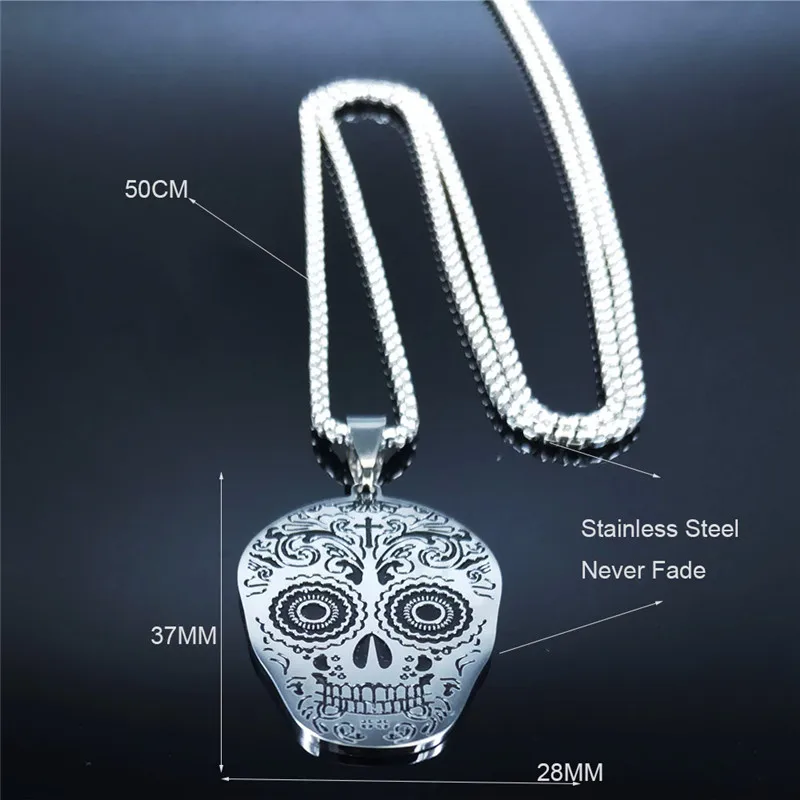 

AFAWA Mexican Skull Stainless Steel Chain Necklace Women/Men Silver Color Necklaces Jewelry acero inoxidable joyeria N4007S03