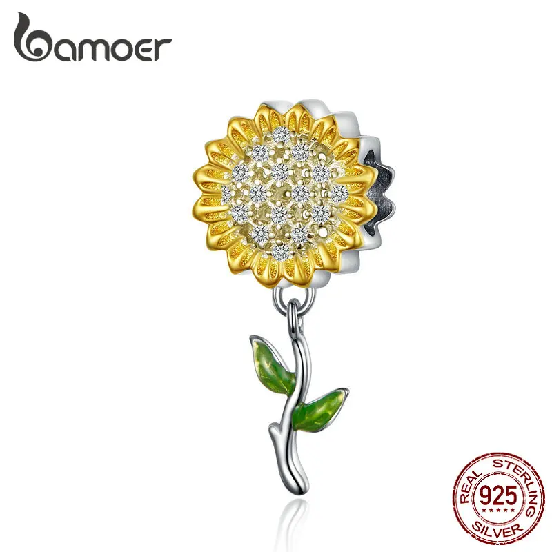 BAMOER Gold Color Sunflower Charm for Women Silver Bracelet 925 Sterling Silver Enamel Leaf Beads DIY Jewelry Accessory SCC1211