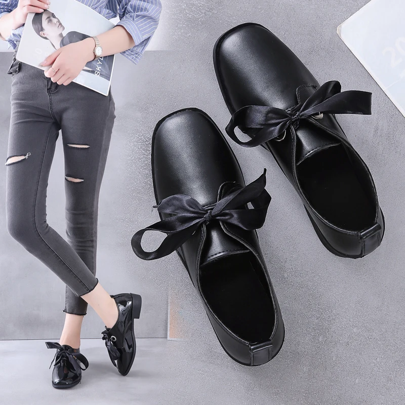 Autumn Bow Shiny Loafers Women Shoes Patent Leather Elegant Low Heels Ladies Footwear Female Pointed Toe Thick Heel | Обувь
