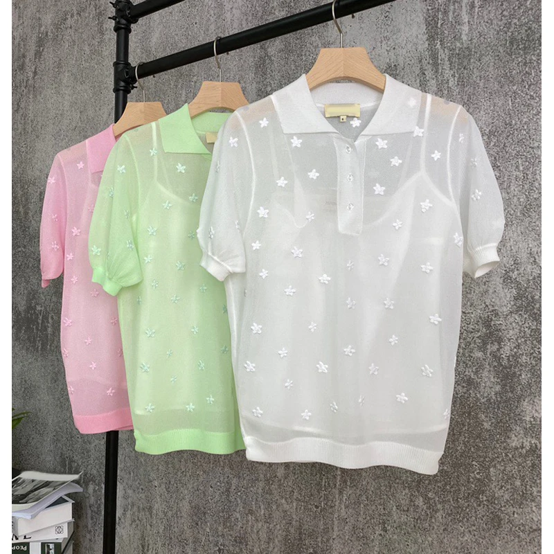 Женская блузка с отложным воротником и коротким рукавом цветочной вышивкой