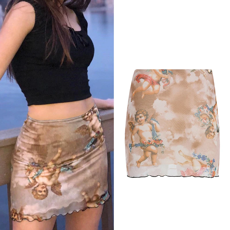 

Summer 2pcs Women Suits Sexy Club Party Fashion Mesh Crop Top Skirt Printed Bodycon Skirt Comfortable and Simple Skirt Suits