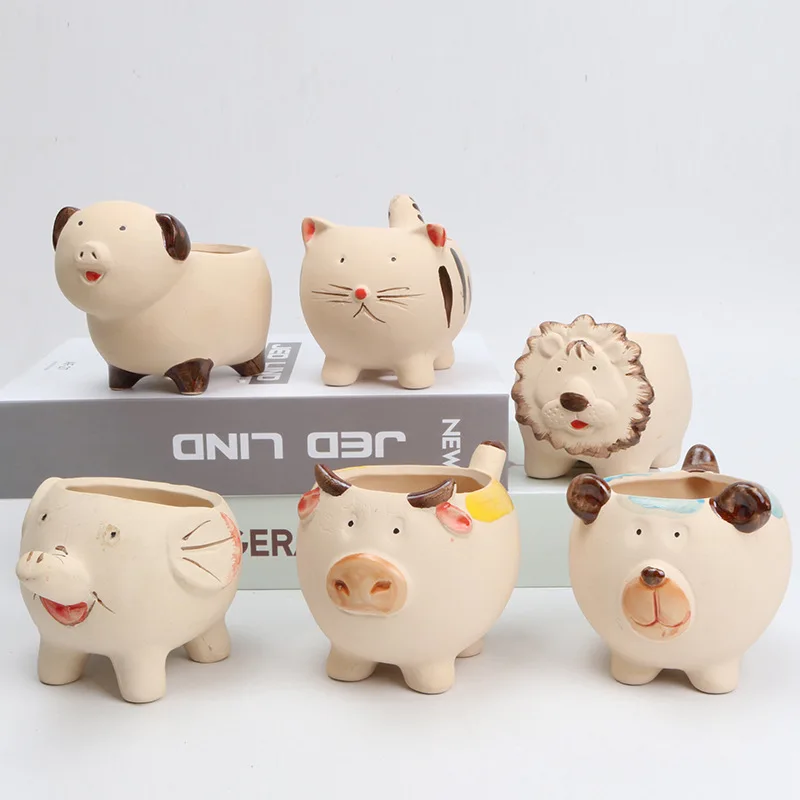 Керамический цветочный горшок с мультяшными животными со львом слоном