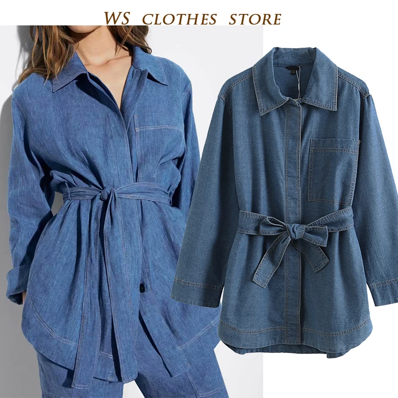 Модное простое Синее джинсовое пальто MD 2021 на пуговицах с карманами женское
