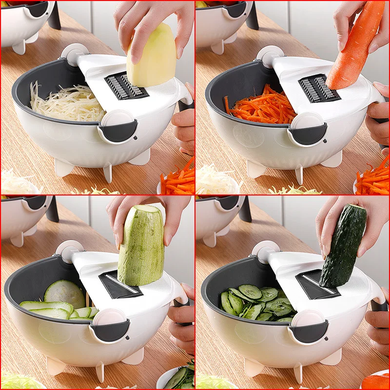 

Multi Manual Slicer Rotate Vegetable Cutter With Drain Basket Multi-function Kitchen Veggie Shredder Grater Slicer Free Peeler