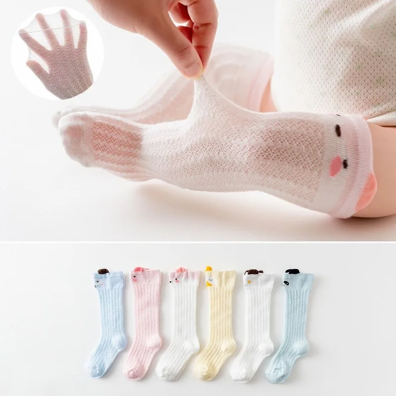 

6 пар носков для новорожденных, детские тонкие дышащие сетчатые чулки, колготки, От 0 до 3 лет, летние, с мультяшными ушами, выше колена