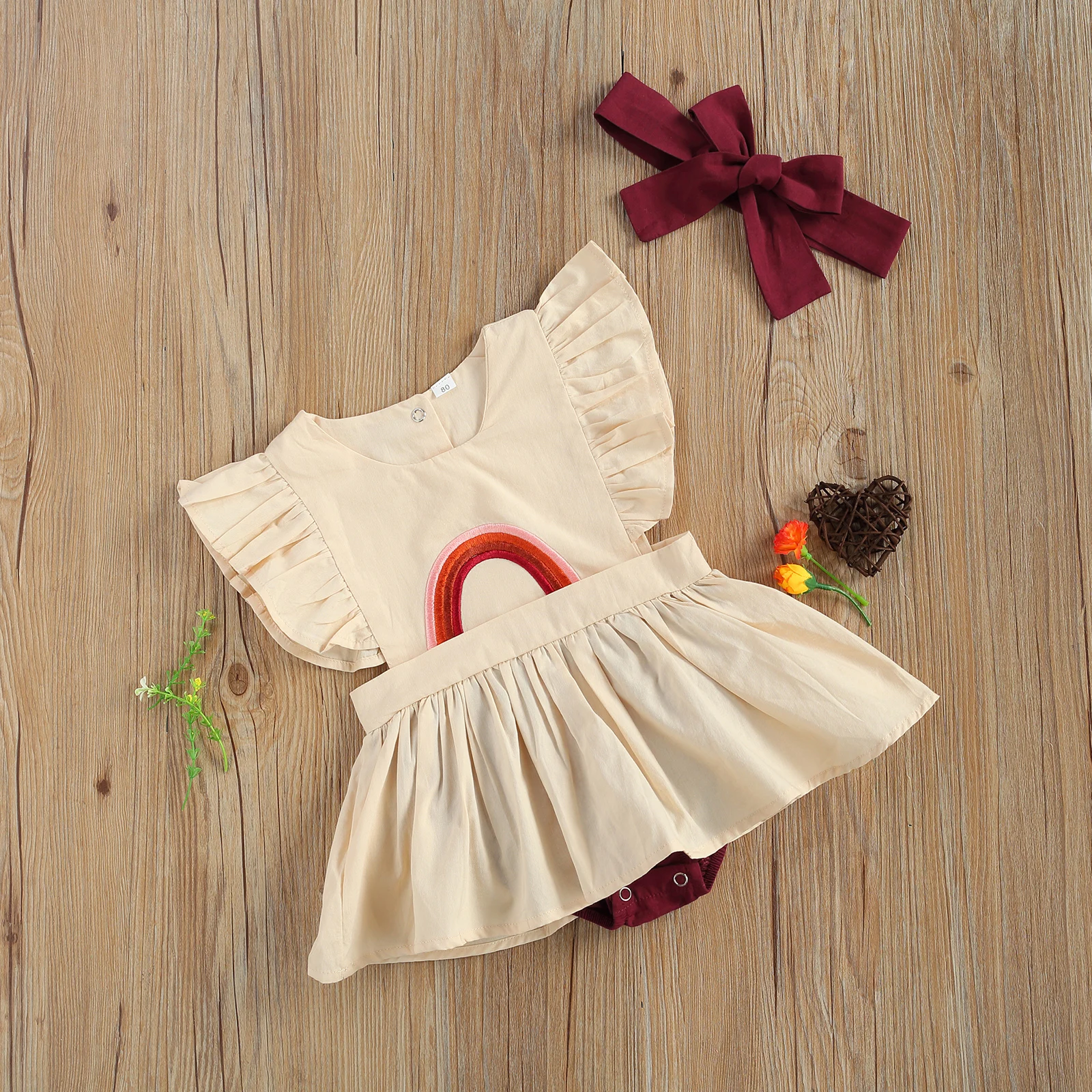 

Pudcoco 2021 Summer 3-24M Baby Girl 2Pcs Set Red Rainbow Embroidery Back Buttons Flared Short Sleeve Bodysuit Skirt+Headband